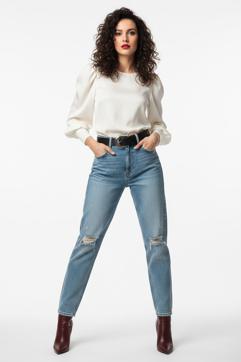 Vrouw in lichtblauwe high-waist jeans met scheuren op de knieën en zwarte riem, gecombineerd met een crèmekleurige satijnen blouse met pofmouwen en ronde hals, bordeauxrode laarzen, witte achtergrond.